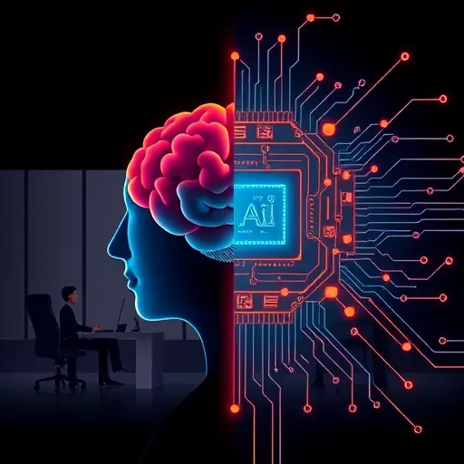 abstract illustration comparing human intelligence vs artificial intelligence, split scene: