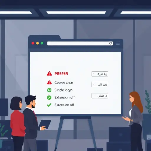 animated browser window showing abstract error icons (red warning, rate limit), beside a checklist of fixes icons (cookie clear, single login, extension off)