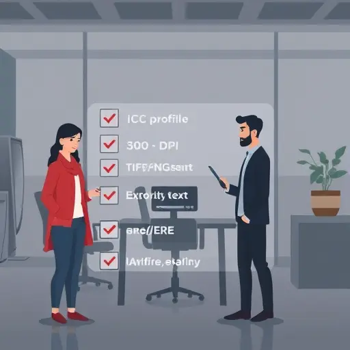 illustration of a print-ready checklist with icons for ICC profile, 300 DPI, TIFF/PNG export, soft-proofing;