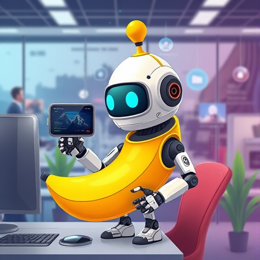animated cartoon illustration of a banana-shaped AI robot editing digital images, vibrant colors, technology background, text-free