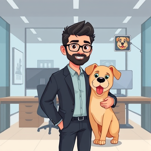 illustration of an AI-powered photo editor blending multiple pictures, cartoon style, person and dog merged seamlessly, tech interface, high quality, text-free