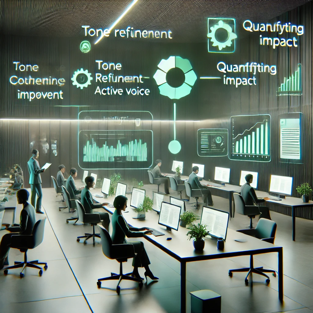 animated illustration of AI-powered editing workflow, showing document drafts moving through steps: tone refinement, active voice, quantifying impact, coherence improvement;