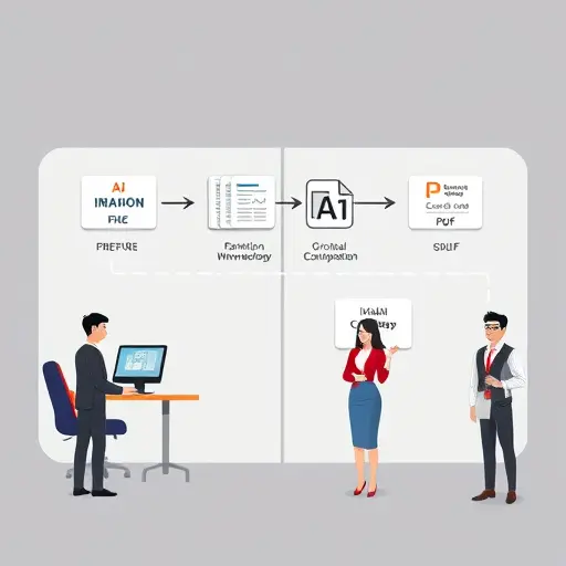 cartoon-style workflow diagram showing OCR input, AI normalization, style editing, and final export to DOCX/