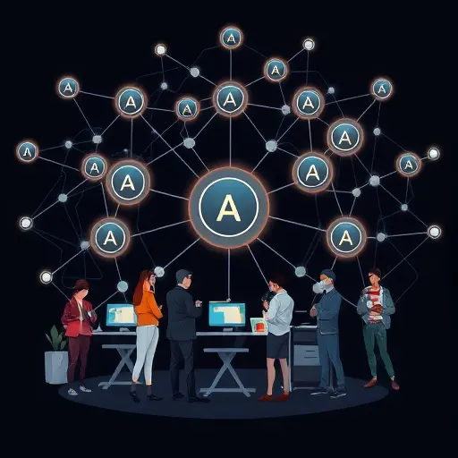 abstract AI network with animated agents collaborating, sub-