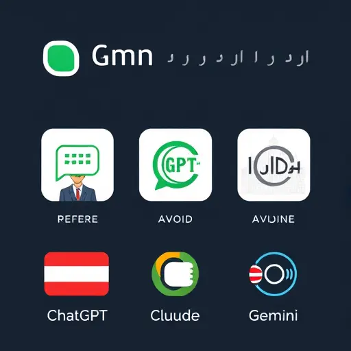 icon set illustration showing ChatGPT, Claude, and Gemini logos as abstract symbols with voice wave elements and multilingual flags, clean cartoon style, dark background, text-free