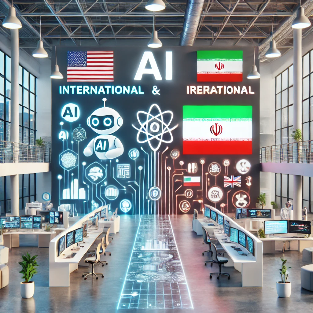 comparison infographic illustration showing animated icons of international and Iranian AI services, one side with flags and foreign logos, other side featuring Iran symbol and GapGPT logo, cartoon style, no text