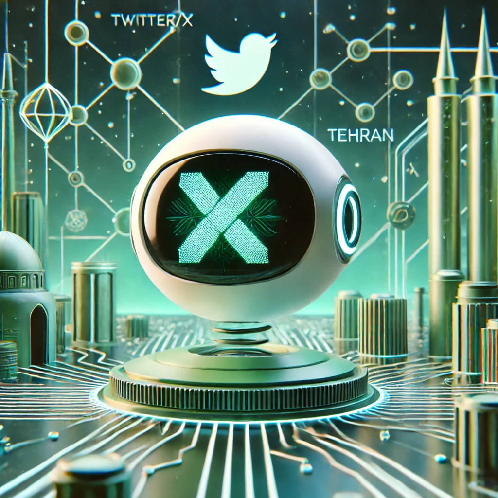 animated illustration showing an AI bot with a Twitter/X logo, abstract neural network background, green accent, digital cartoon style, no text