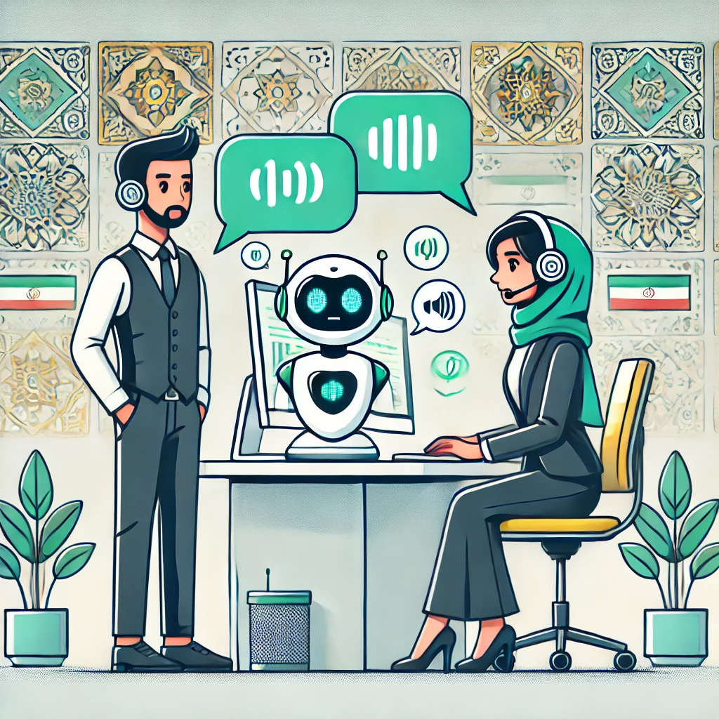 illustration of an animated AI chatbot and user exchanging speech bubbles and audio icons, symbolic practice of speaking and listening English, green accent, neat cartoon style, Iranian decorative motif, no text