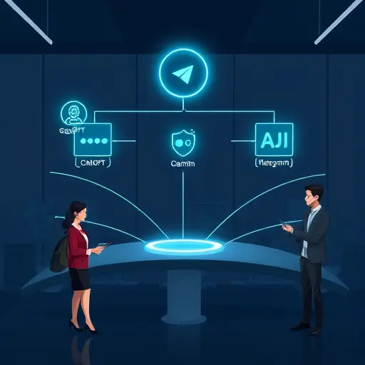 illustration showing integration bridges between GapGPT and AI models (ChatGPT, Claude, Gemini) connecting to a Telegram bot, sleek dark theme, glowing lines, no text