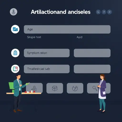 clean infographic-style illustration showing a structured medical question template, icons for age, symptom duration, medications, lab values, dark UI, no text