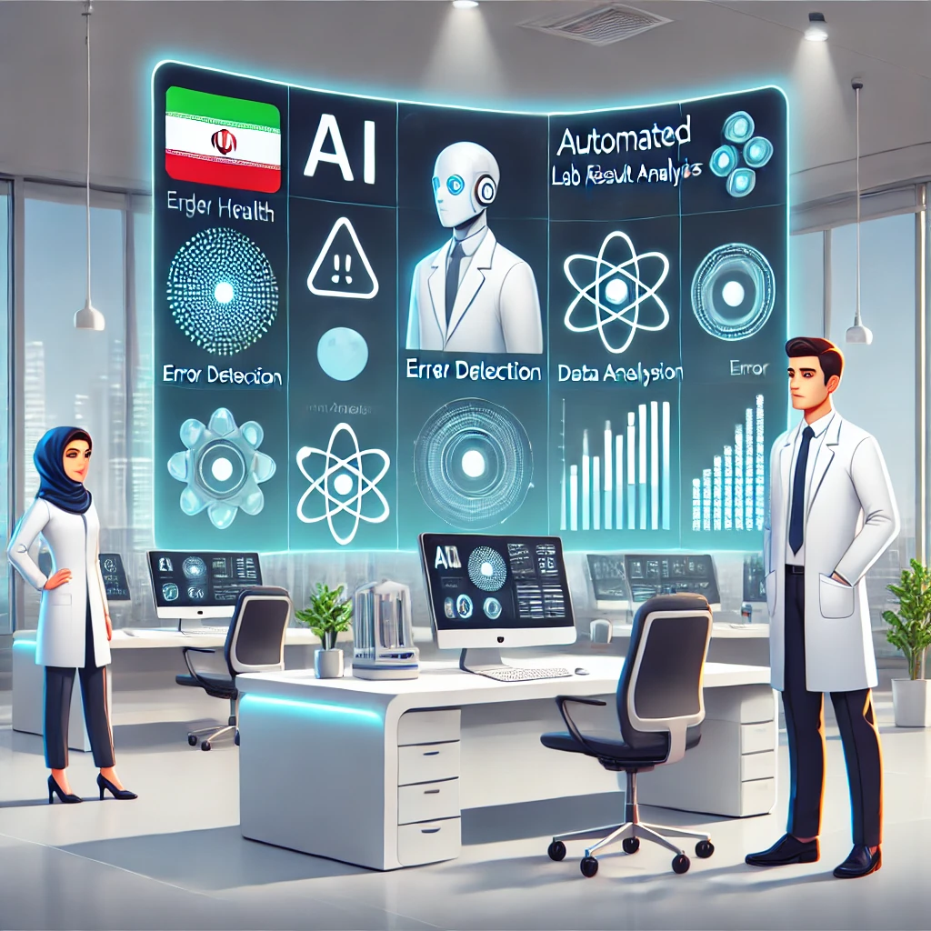 cartoon illustration of AI dashboard showing automated lab result analysis, error detection icons, digital health theme, no text