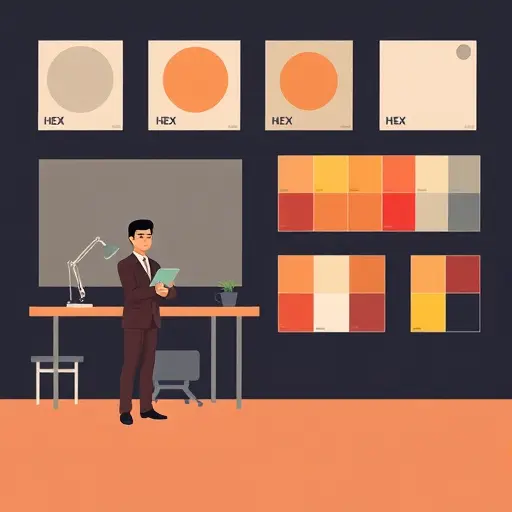 abstract color palette cards with hex swatches in warm and neutral tones, minimalistic dark background, AI-