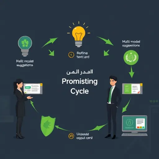 illustrated flow of smart prompting cycle: idea bulb → multi-model suggestions → refine knobs →