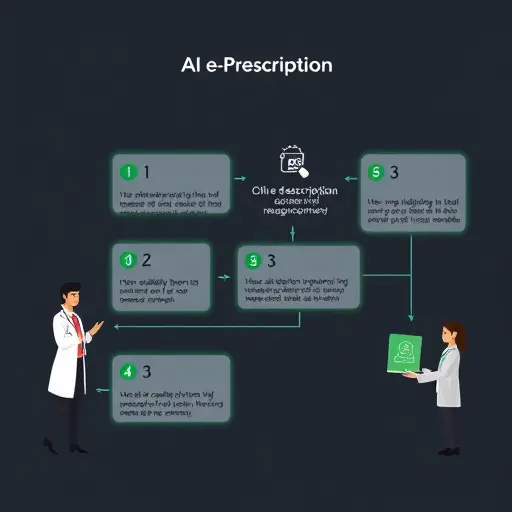 workflow illustration of AI e-prescription steps from data validation to secure delivery, numbered icons, minimalist dark background, green glow accents, clean, text-free