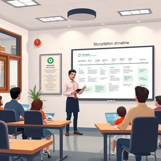 animated classroom scene with teacher using an AI-powered tablet, storytelling timeline on a board, Iranian-
