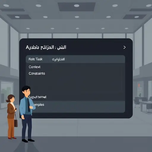 clean instructional illustration showing a structured prompt template (Role, Task, Context, Constraints, Output format, Examples)
