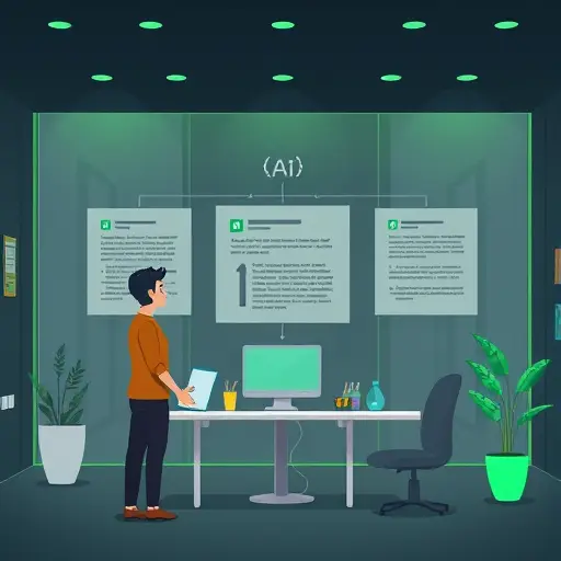 animated illustration of an AI writing assistant organizing a three-part essay structure (introduction, body, conclusion)