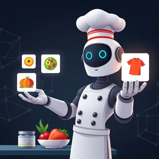 animated illustration of a friendly robot chef presenting balanced meal plan icons (protein, carbs, fats)