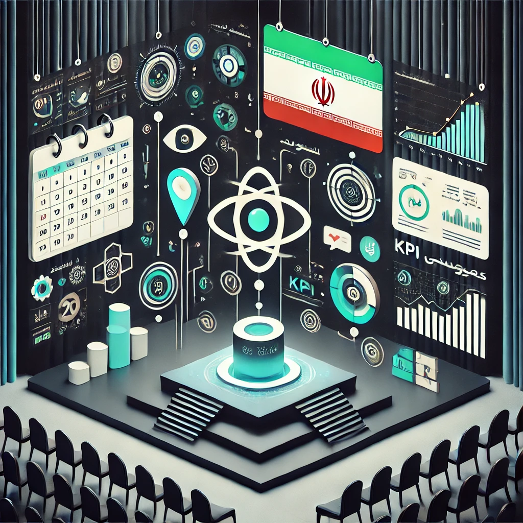 animated illustration of a SMART prompt framework for AI report writing, flowchart with abstract icons (calendar, target, KPI gauges)