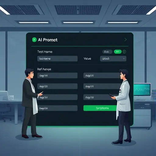 animated UI mockup of an AI prompt builder with fields for test_name, value, unit, ref_