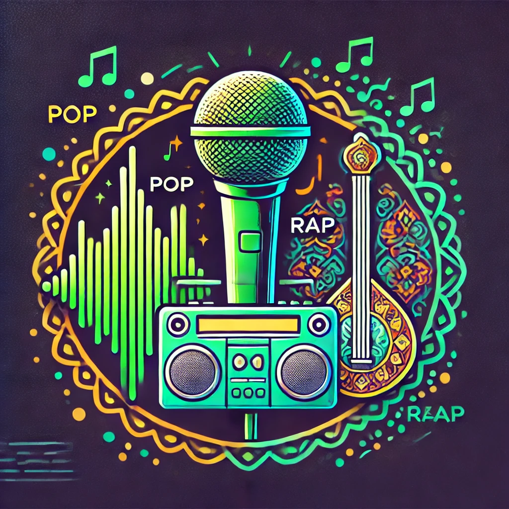 animated illustration showing three distinct music styles () represented by icons:/tar icon with traditional patterns for classical;