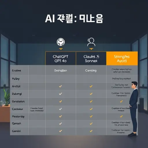 clean comparison chart illustration of AI models (ChatGPT GPT-4o, Claude 3.5 Sonnet, Gemini), dark theme, icons for strengths like summarization, reasoning, multi-