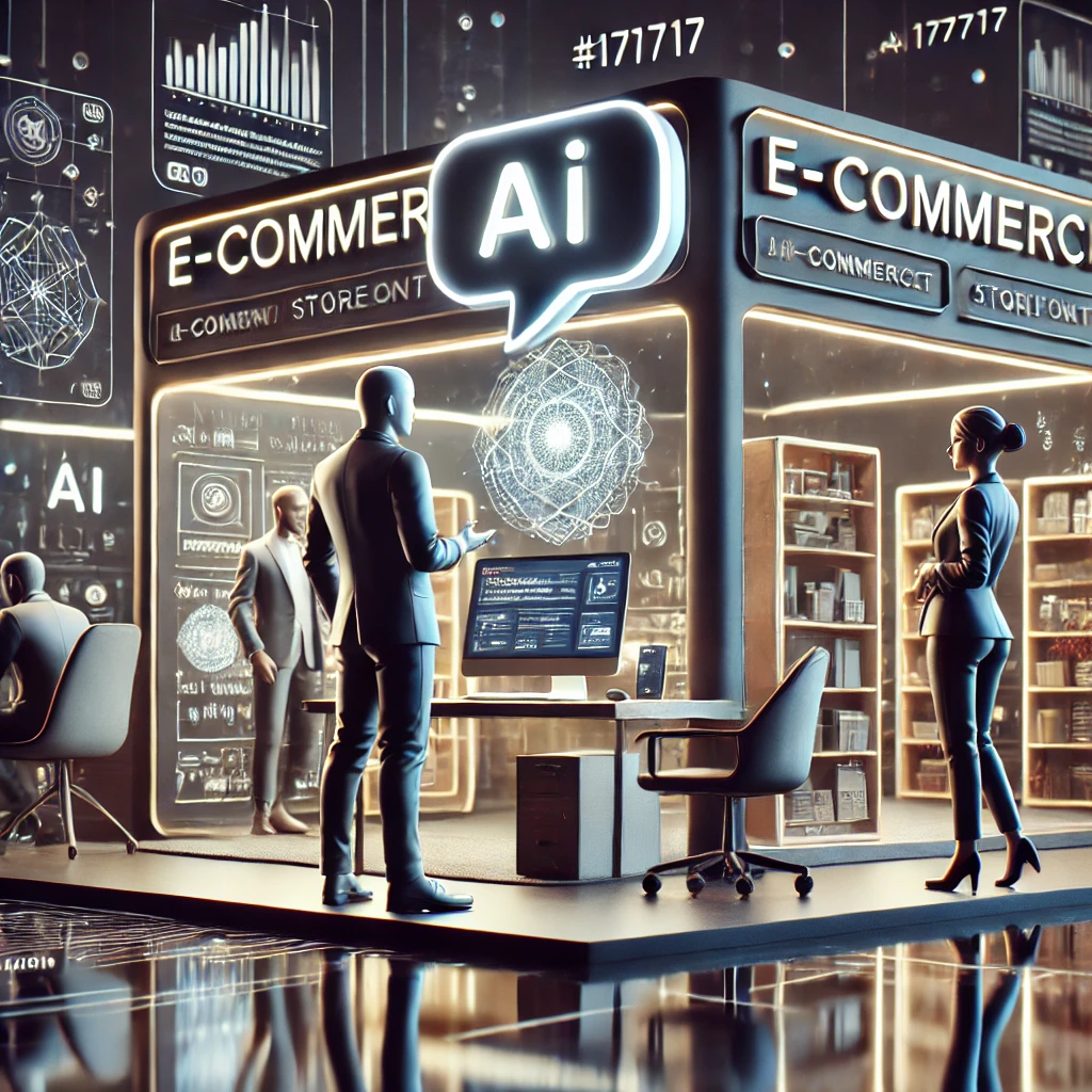 animated illustration of an e-commerce storefront with an AI chat bubble generating catchy slogans, dark theme palette matching #171717