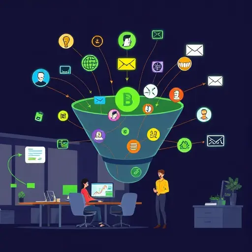 abstract marketing funnel illustration with AI nodes linking content ideas to captions and emails, A/B test icons, conversion arrows, dark background (#171717), neon green accents (#94d3a2)