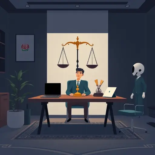 minimalist illustration of a philosopher’s desk with animated AI icons, scale of justice, metaphysical symbols (infinity, geometric shapes)