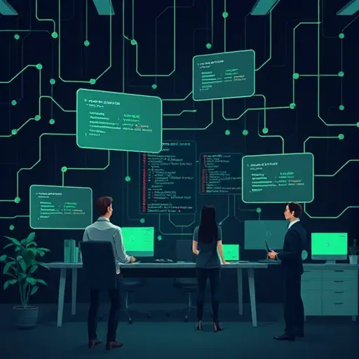 abstract neural network generating code blocks, floating UI cards for Python and JS, dark background, green accent #94d3a2, cinematic lighting, text-free