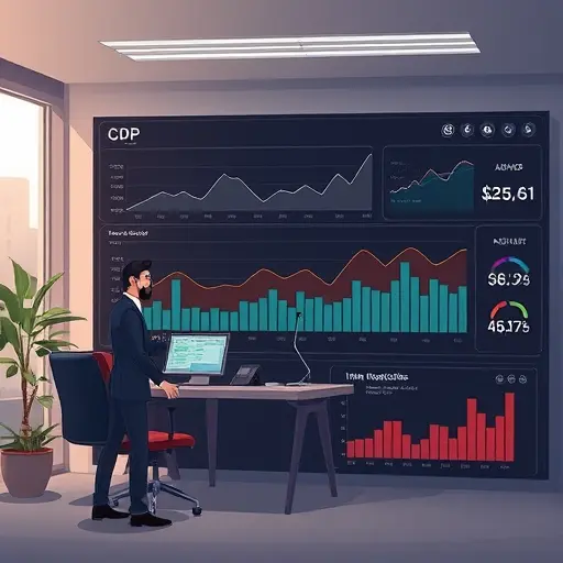 animated economic analytics dashboard, line charts for GDP and CPI, scatter plot showing correlation, supply-