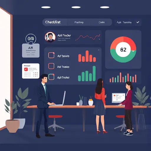 abstract checklist and goal-tracking illustration with AI symbols, calendar, progress bars, and mood tracker wheels, dark UI, clean minimal design, no text