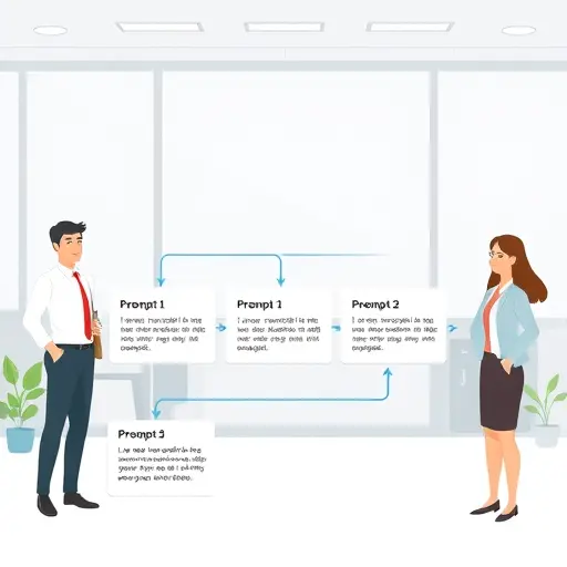 animated workflow diagram showing prompt blocks for meta description generation (keyword, intent, CTA, character limit)