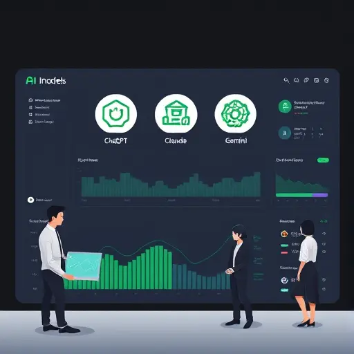 comparison illustration of three AI models (ChatGPT, Claude, Gemini) as abstract icons on a dark dashboard, green highlight, minimalistic, no text