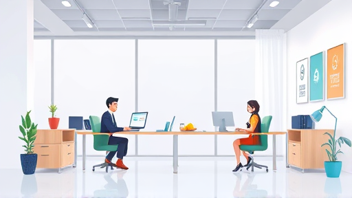 modern cartoon-style animation showing an AI assistant boosting productivity in an office, animated devices and AI icons, gapgpt-inspired color palette, text-