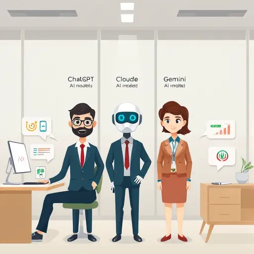 animated illustration comparing ChatGPT, Claude, and Gemini AI models with icons, side-by-