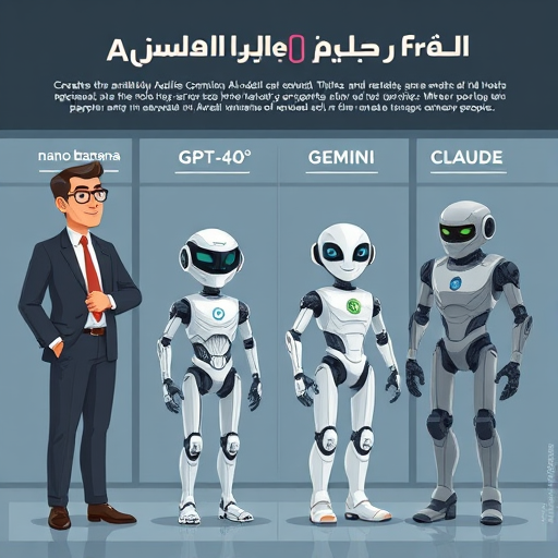 infographic style cartoon comparing AI models (nano banana, GPT-4o, Gemini, Claude)