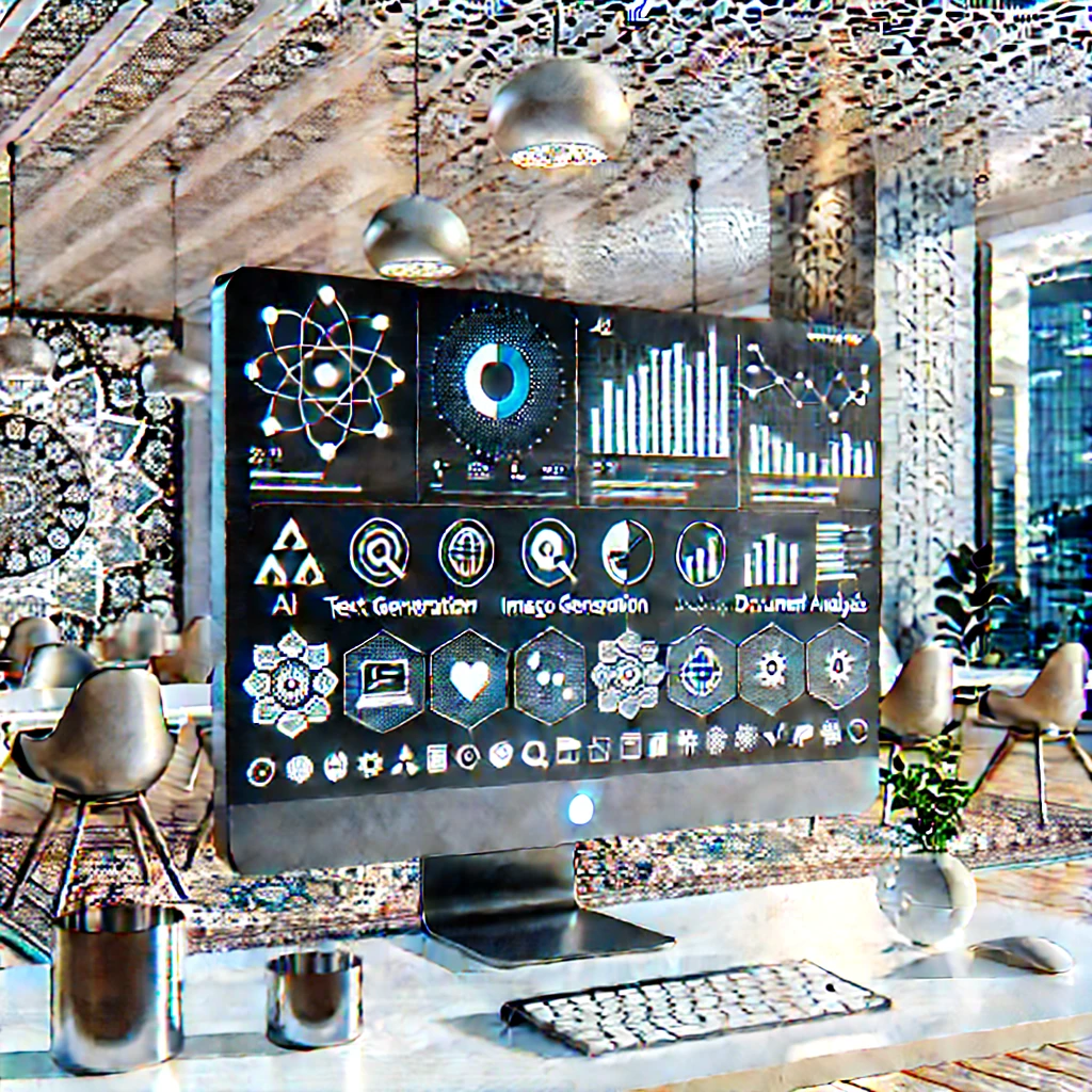 animated illustration showing a dashboard with AI-powered features: