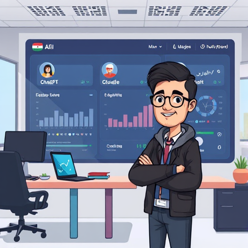 modern cartoon of a confident Iranian student accessing multiple AI models (ChatGPT, Claude, Gemini)
