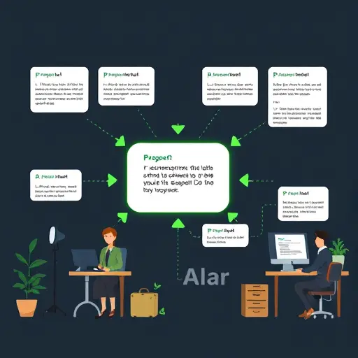 cartoon-style illustration of AI paraphrasing workflow: arrows transforming sentences into varied structures, semantic map nodes, green accent palette matching #94d3a2