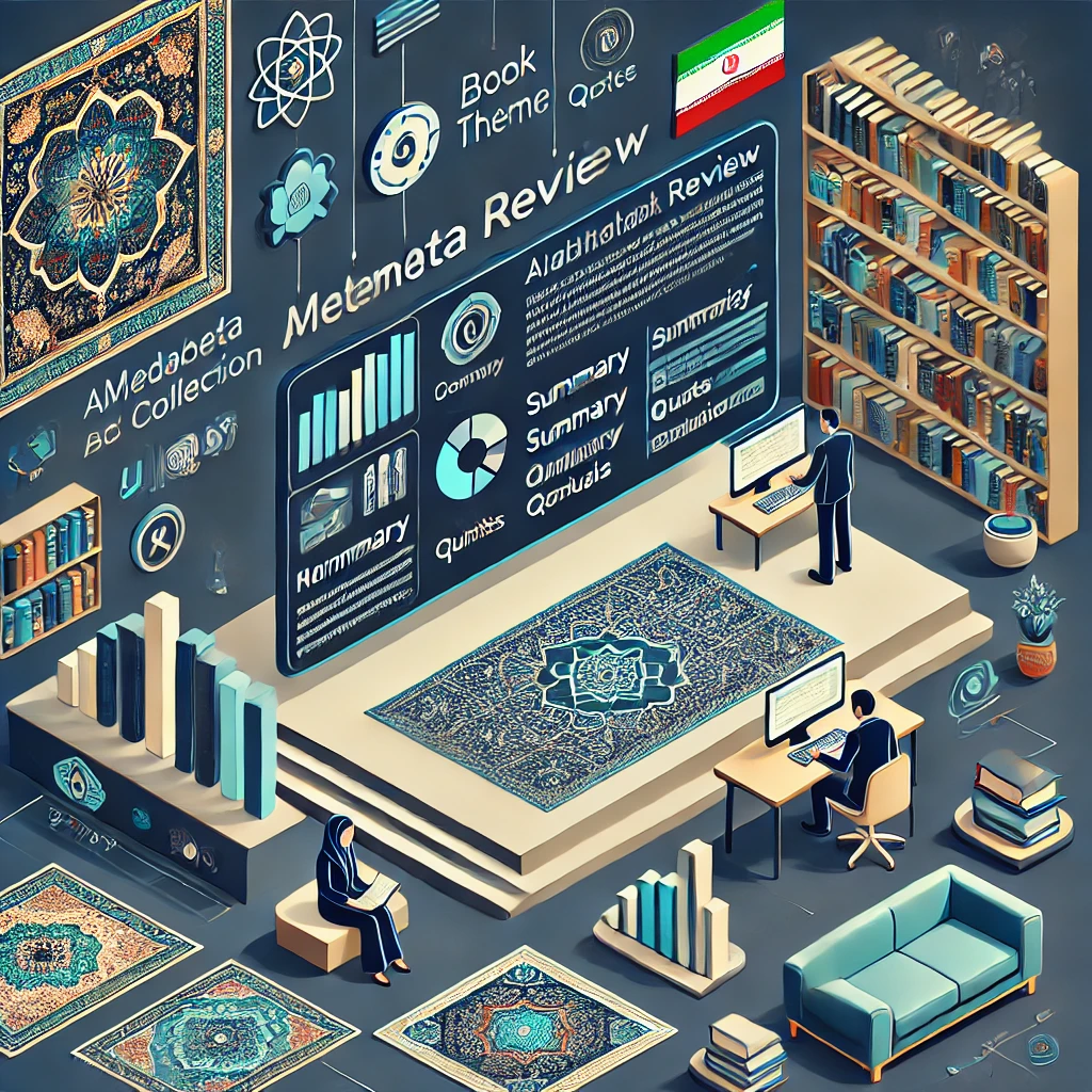 animated illustration of an AI-powered book review workflow, showing steps like metadata collection, summary, analysis, quotes, and conclusion;;;