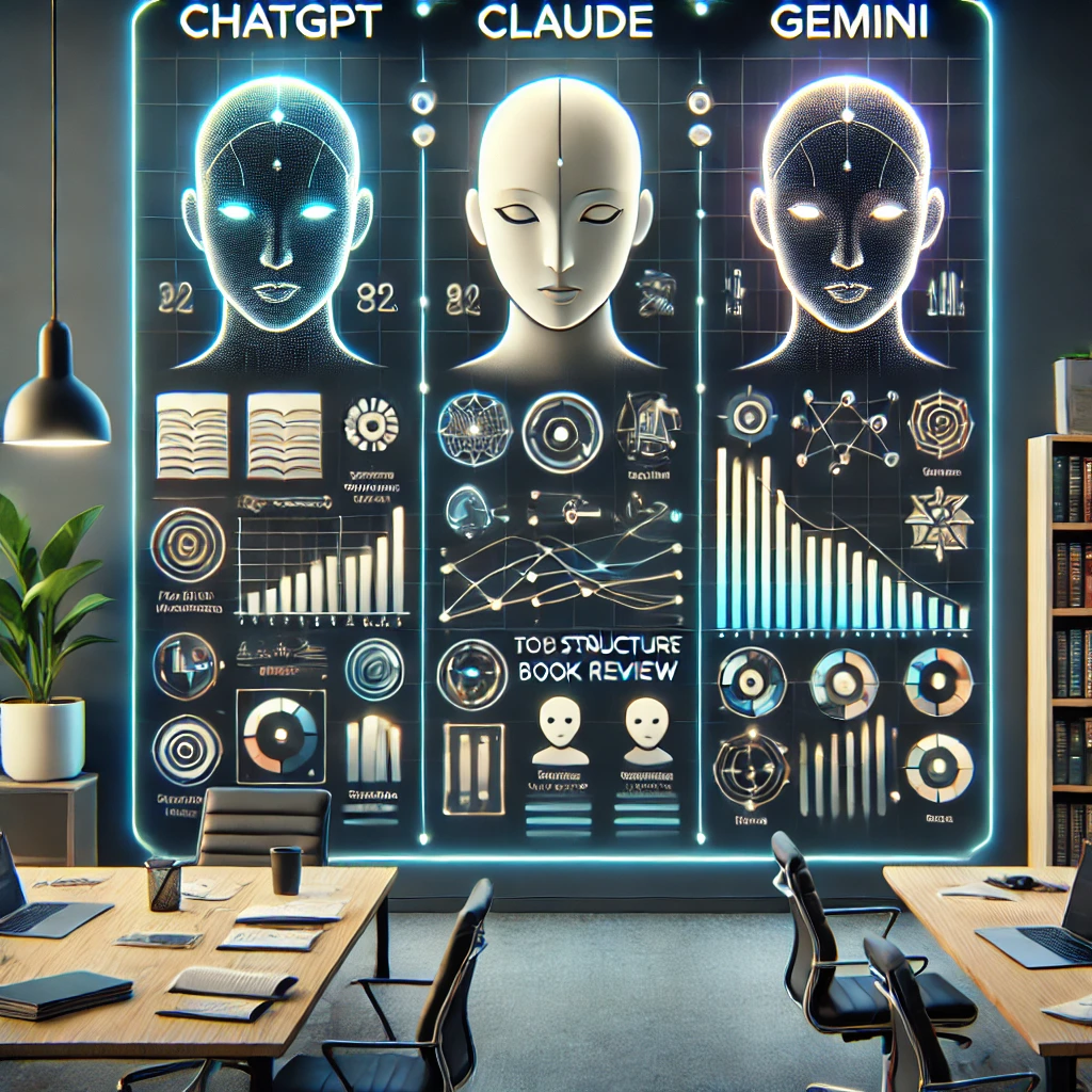 clean animated comparison chart of ChatGPT, Claude, and Gemini for book review tasks, focus on tone, structure, analysis;
