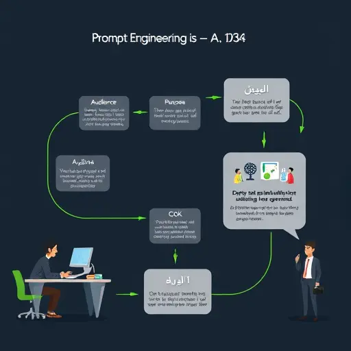 cartoon workflow diagram for prompt engineering steps: audience, purpose, tone, time, key points, hook, transitions, CTA;