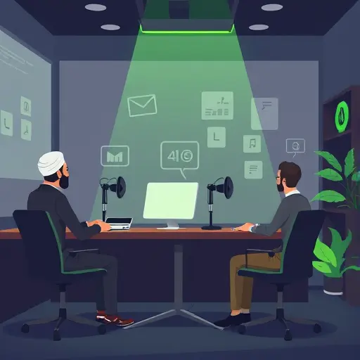 animated podcast studio with AI assistant brainstorming ideas, neon green accents matching #94d3a2