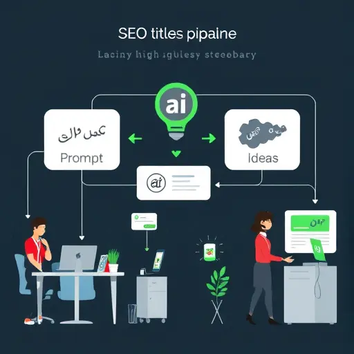 modern AI workflow illustration showing prompt → ideas → SEO titles pipeline, clean design, dark background with green accents, text-