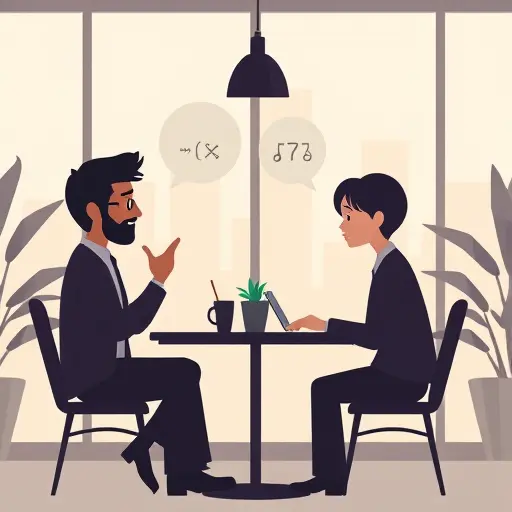 animated dialogue scene with two silhouetted characters at a café table, abstract speech bubbles and beat markers, subtle technology icons, dark theme palette matching #171717
