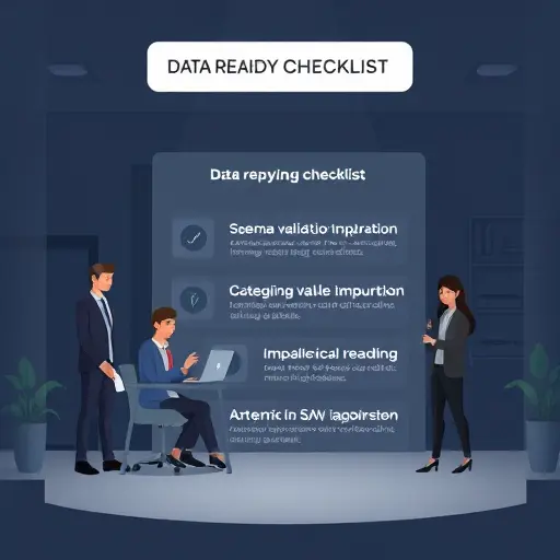 dark theme illustration of a machine learning data readiness checklist: schema validation, missing value imputation, categorical encoding, imbalance handling (SMOTE/GAN), versioned datasets;