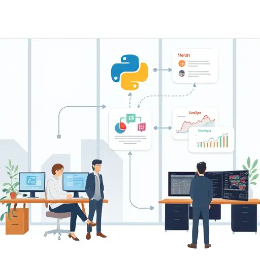 illustrated flow of three Python projects: web scraping pipeline, Telegram bot architecture, and data analysis dashboard, dark mode tech art, clean, no text