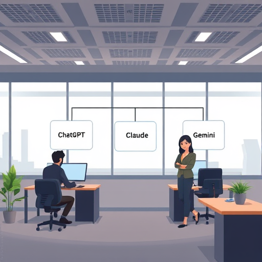 animated multi-model AI API architecture, showing a single API endpoint connected to three outputs: