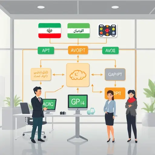 modern cartoon-style architecture diagram: data flows from Iranian user applications to GapGPT API, then routes requests to multiple advanced AI models (Claude, Gemini, GPT-4)